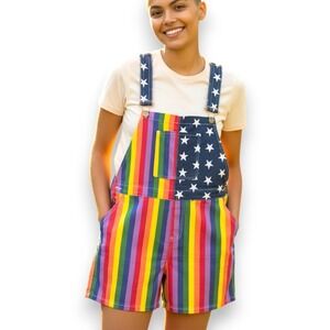 Rainbow Overalls Shorts Patriotic Stars‎ Pockets Colorful Festival Party Sz 3XL